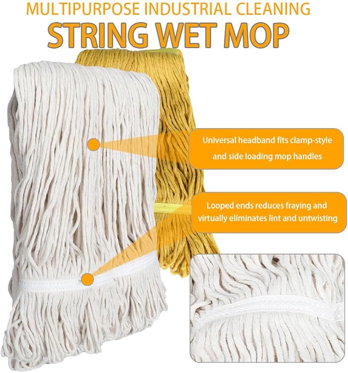 Wet String Mop for Floor Cleaning, Heavy Duty Mop with 2 Reusable Heads, Long Handle Industrial Cotton Mop for Restaurant Home Garage Office Patio Warehouse (Yellow)