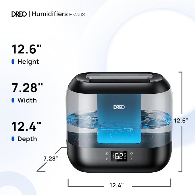 Dreo Smart Humidifiers for Bedroom-Filter Included, Top Fill 4L Humidifier Large Room with 28 dB, 36H Runtime, Touch/APP/Voice Control, Nightlight, Cool Mist Humidifiers for Baby, Plants, Ebony