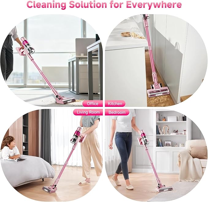 Cordless Vacuum Cleaner: Portable 6-in-1 Stick Vacuum with Anti-Tangle Brush, LED Headlight, Self-Standing, HD display, Rechargeable Vacuum for Pet Hair, Low-Pile Carpet and Hardwood Floor-Dark Pink