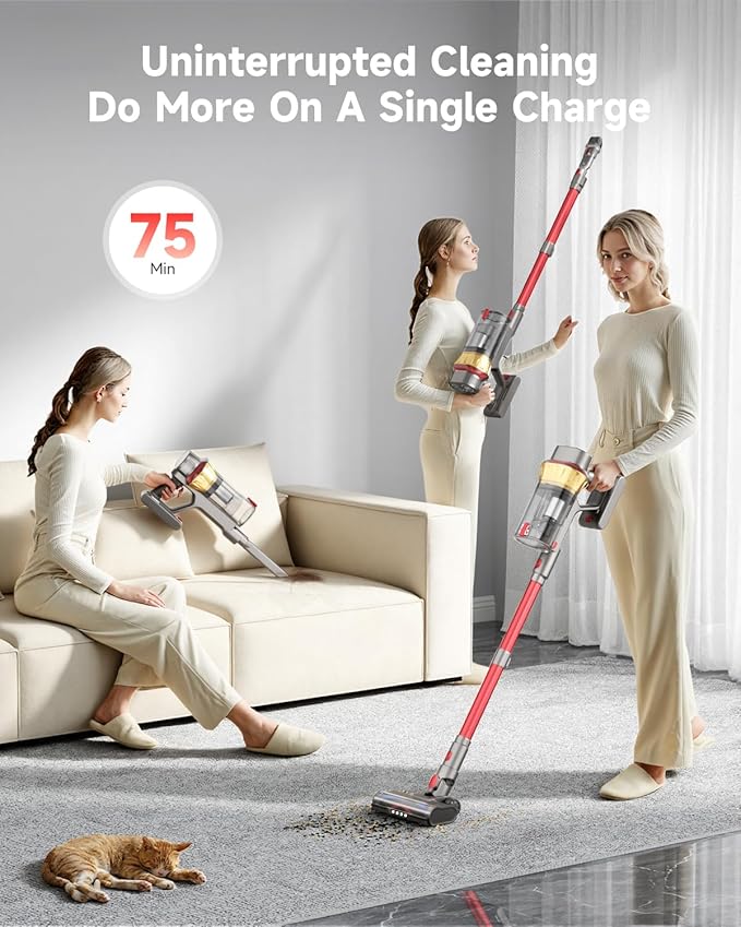 650W Cordless Vacuum Cleaner with 55KPa Flagship Suction, 75-Min Extended Runtime 2.5L Dual-Cup Capacity, Anti-Tangle Brush & Self-Standing Design HEPA Filtration for Furniture Carpet Pet Hair