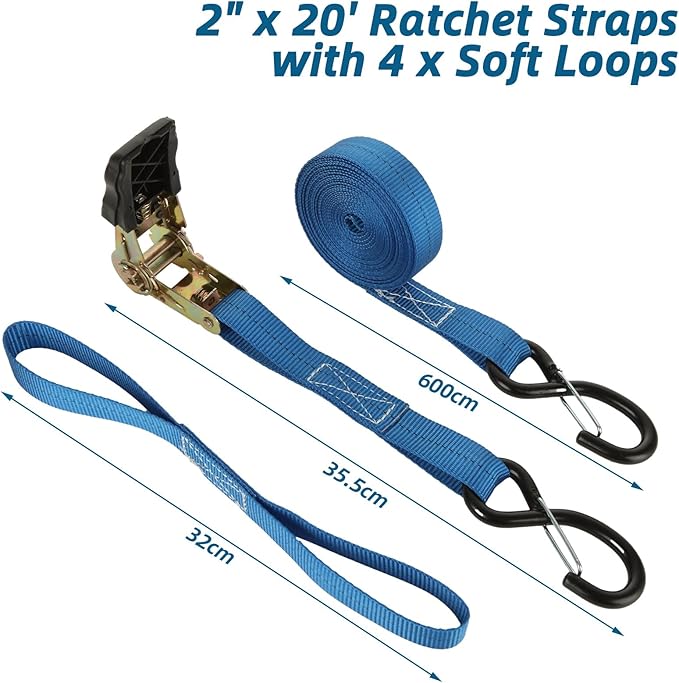 4Pack Ratchet Straps, 20Ft Ratchet Tie Down Straps, 1700 LB Break Strength Ratchet Cargo Straps with Safety Lock S Hooks & Soft Loops for Moving Cargo, Motorcycle, Appliances, Lawn Equipment
