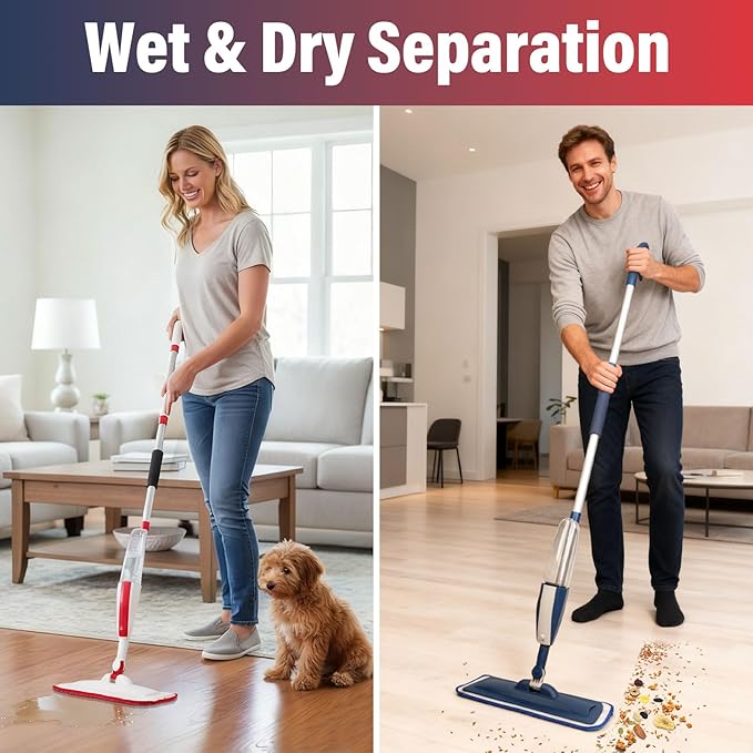 2 Pack Spray Mop for Floor Cleaning, Red & Blue Combo, Refillable 14 oz Bottle and 3 Washable Pads, Wet Dry Mop for Hardwood, Tile, Laminate, Home or Commercial Use