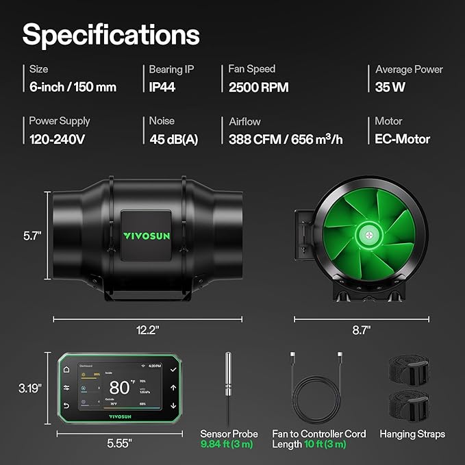 VIVOSUN G6 6" Inline Duct Fan & Temperature Humidity Controller, E42A+ WiFi-App Control AeroZesh Grow Tent Fan& Smart Thermostat, 388 CFM EC Motor Exhaust Fan for Heating Cooling, Greenhouse Accessory