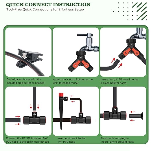 A ANLEOLIFE 230FT Drip Irrigation System Kit, Complete Garden Watering System with 1/2” & 1/4” Quick-Connect Tubing, 32 Adjustable Emitters for Raised Beds, Lawn, Greenhouse, Potted Plants