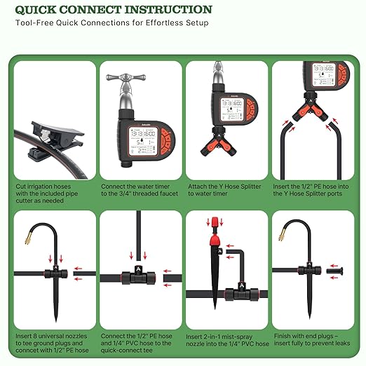 A ANLEOLIFE Automatic Drip Irrigation Kit 82.4FT with Water Timer, 8 Custom Programs & LCD Screen, Quick-Connect Tubing, Adjustable & 360° Bendable Nozzles for Raised Beds, Garden, Lawn