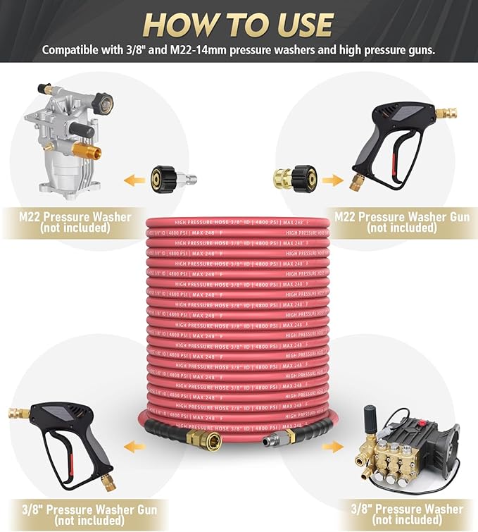 3/8" 4800PSI Pressure Washer Hose 50FT with 360° Swivel Quick Connect, Flexible & Kink Resistant Steel Wire Braided & Durable for Hot/Cold Water, High Power Washer Hose With M22 14mm Adapter