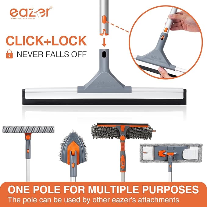 Eazer Floor Squeegee Broom: Heavy Duty Scrubber with Extendable 60'' Aluminum Pole and Rubber Blade for Kitchen, Swimming Pool, Concrete Floors,Shower,Tiles,Garages,Windows,Glass,Pet Hair Removal