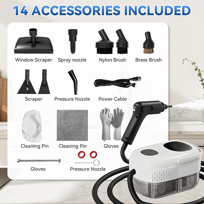 Steam Cleaner,2500W High-Pressure Steamer for Cleaning, 15s Fast Heat-Up&1.4L Large Tank,3-Level Adjustable Handle with 14 Accessories,Portable Steam Cleaner for Home,Car,Furniture,Bathroom