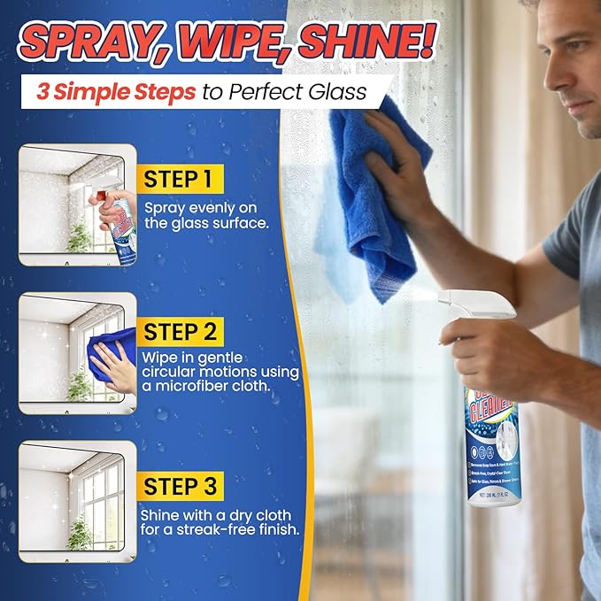 Glass Cleaner Spray 200ml (7oz) with Microfiber Towel - Streak Free for Windows, Mirrors & Shower Doors - No Residue, Fast Drying, Multi-Surface Safe