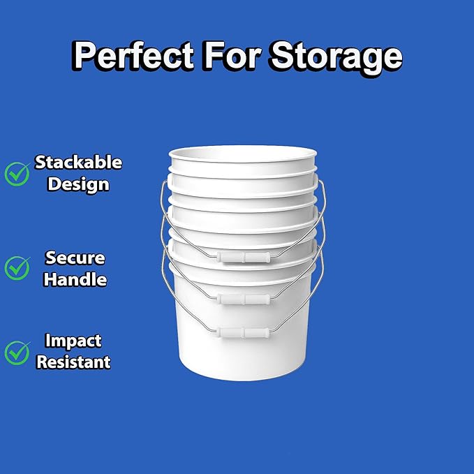 2-Gallon Bucket with Airtight Lid – Heavy-Duty Extra Durable Pail – Made in USA – Premium Quality HDPE – Food Grade – BPA Free – Metal Handle with Plastic Grip – Stackable – Multi-Use – White, 4 Pack