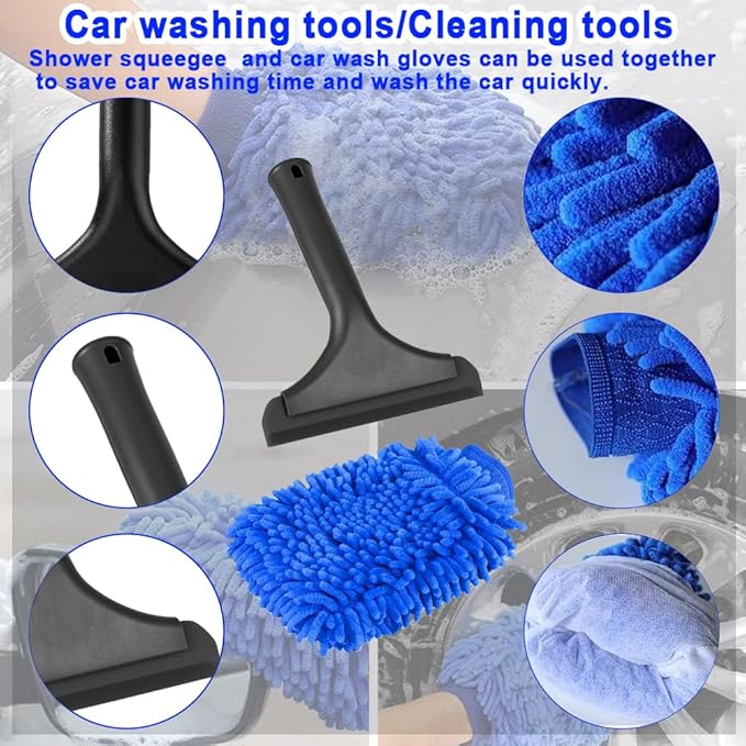 Window Tint Tool Small 6" Silicone Handy Cleaning Squeegee and Car Wash Mitt Chenille Microfiber Super Absorbent for Car Windshield, Window, Mirror, Glass Door,Shower(Black and Blue)