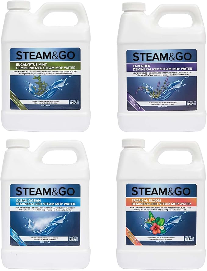 Steam and Go Demineralized Water Bundle - Multi-Surface Cleaning Solution for Steam Mop, Ready-to-Use Floor Cleaner, No PVC, Home & Office Use, Compatible w/Any Mop - Assorted Scents, 32oz, Pack of 4