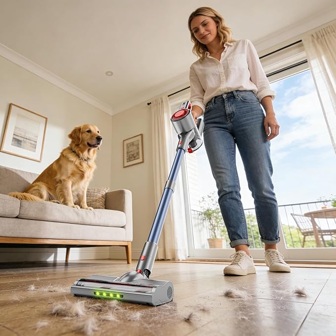 Cordless Vacuum Cleaner for Home, Powerful Stick Vacuum with Rechargeable Battery, Green Light Anti-Tangle Brush, 6-in-1 Lightweight Handheld Vacuum for Pet Hair, Hard Floor, Carpet, Red