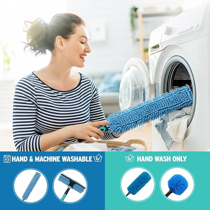 23FT High Reach Duster Cleaning Kit with Extension Pole, Ceiling Fan Cleaner Duster with 4-16.5 ft Telescoping Pole, 2 in 1 Squeegee for Window Cleaning, Spider Web Brush for Shower Glass Car Cleaning