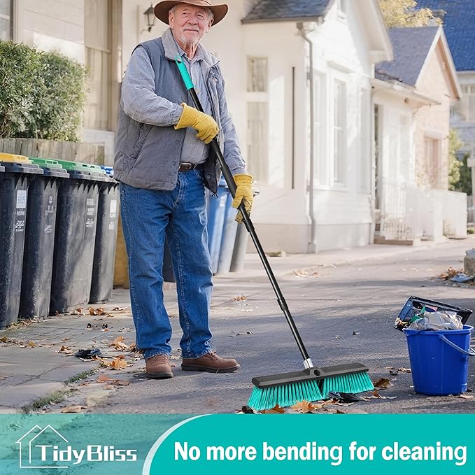 18” Push Broom Outdoor Heavy Duty 3 Pack, Large Commercial Stiff Bristle Brush with 63 inches Long Handle for Garage Shop Garden Yard Patio Deck Street Warehouse Lawn Driveway (Green)