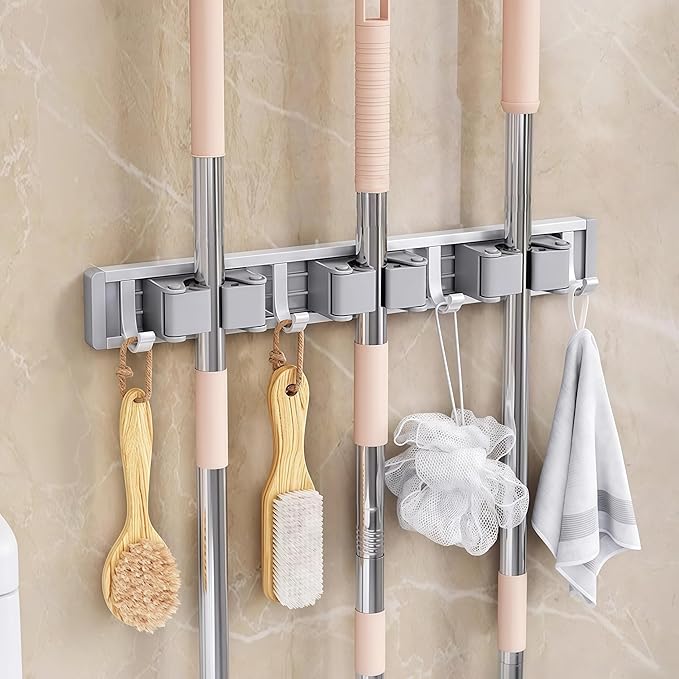 Mop and Broom Holder Wall Mount.Adjustable Tool Organizer Rack with Sliding Hooks, Heavy Duty Drill-Free Broom Hanger for Kitchen, Garage & Laundry Room Storage. (large)
