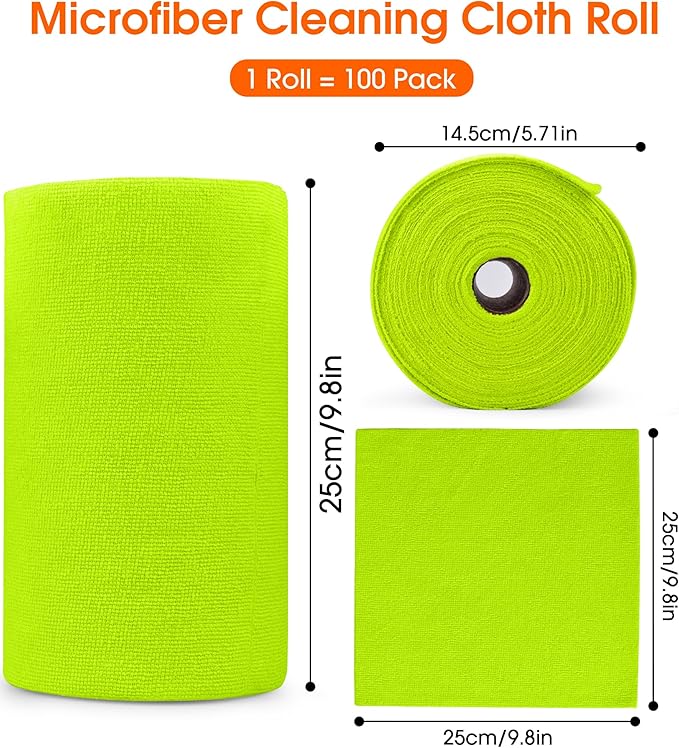 Microfiber Cleaning Cloth Roll - 100 Pack Tear Away Microfiber Paper Towels, Reusable, Washable, Scratch-Free, Kitchen Towels for Car, Home, Kitchen, Glass, Dishes (Neon Green)