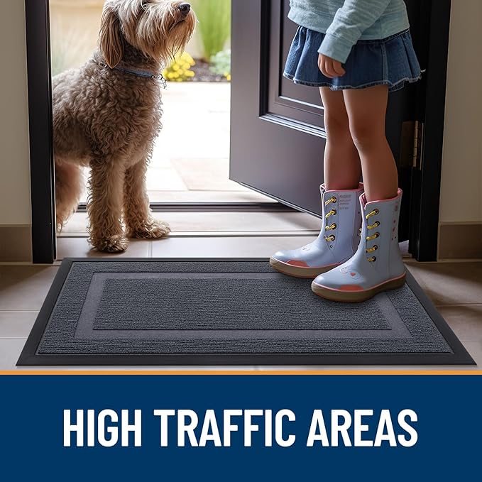 OLANLY Front Door Mat Indoor Outdoor Entrance, Waterproof All-Season, All-Weather Doormat, Sturdy Natural Rubber, Fade Resistant, Low Profile, Easy Clean Patio Porch Entryway Mat, 47x23, Light Grey