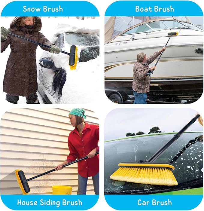 Car Wash Brush with Long Handle, 55'' Vehicles Exterior Washing Supplies, Soft Bristle Scrub Broom for Solar Panel, Boat, RV, Truck, Deck Cleaning, 2 Wax Applicator Pads Included