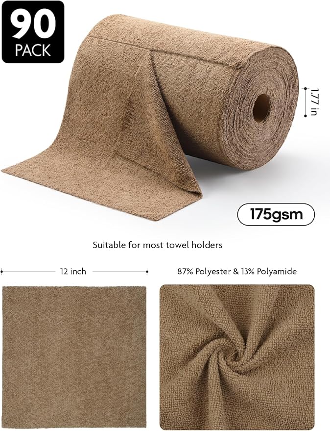 Fantasticlean Microfiber Cleaning Cloth Roll -90 Pack, Tear Away Microfiber Towels, 12" x 12", Reusable, Washable, Scratch Free, Ultra Absorbent for All-Around Cleaning Supplies (Tan)