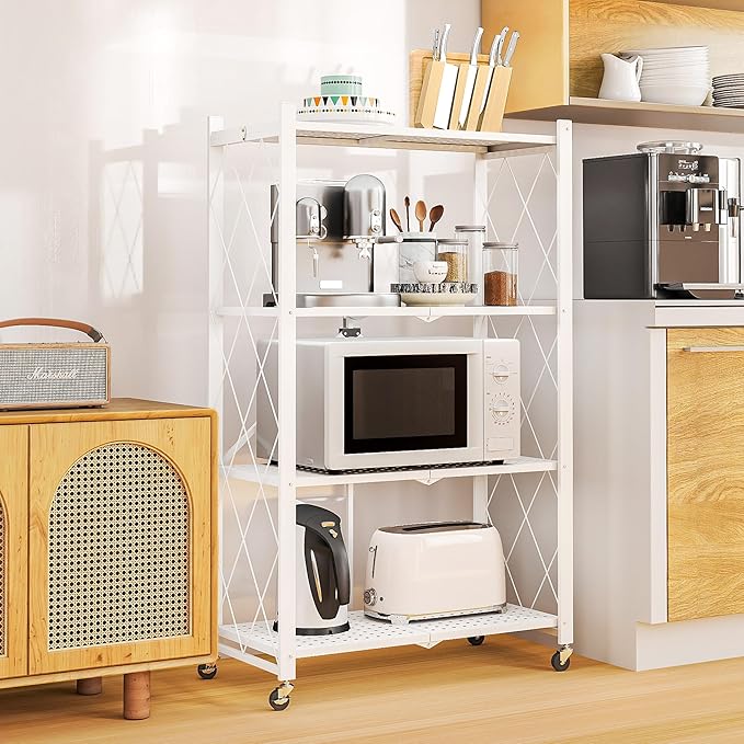 4-Tier Folding Metal Storage Shelf with Wheels, No Assembly Organizer Rack, Heavy Duty Collapsible Shelving Unit for Garage, Kitchen, Basement, Pantry, Living Room(New Upgrade - White, 4 Tier)