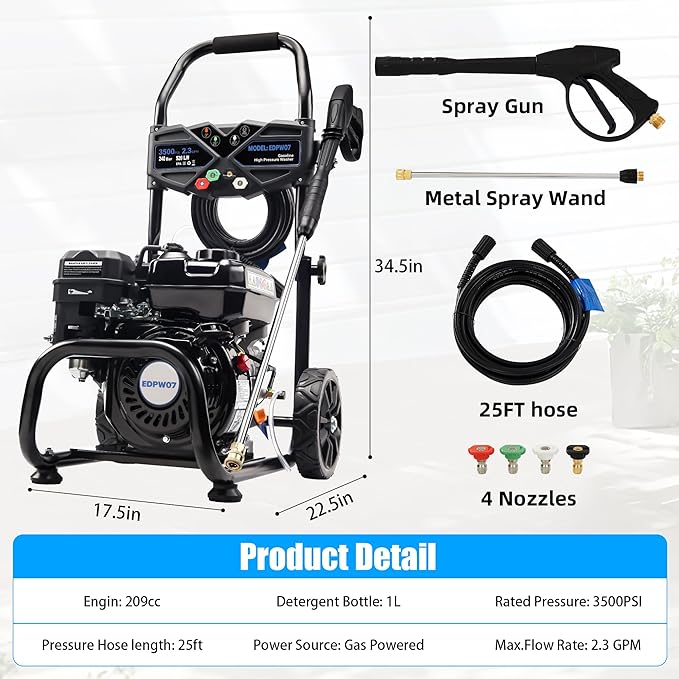 3500 PSI Gas Pressure Washer, 2.3 GPM โ Heavy Duty High Power with 209CC 7HP Engine, 25Ft Pressure Hose, Axial Aluminum Pump, Soap Tank, 4 Quick Connect Nozzles (Black)