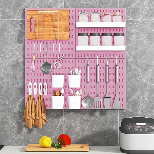 Peg Board Combination Kit, 4 Pegboards with 20 Accessories, Pegboard Wall Organizer for Office, Nursery & Home Storage, Key Holder, 25.6"x25.6" – Nail-Free Installation(Pink)