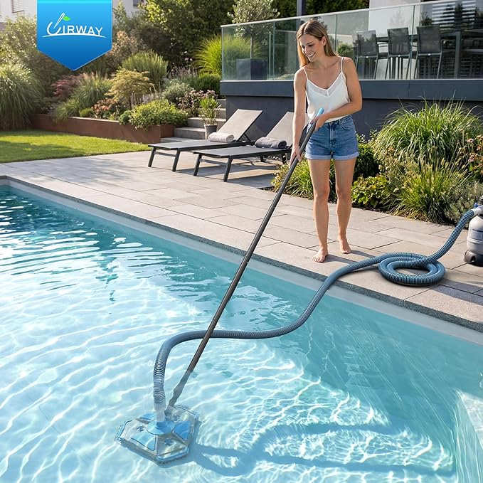 UIRWAY Upgrade Pool Vacuum Head with Side Brush & 360° Swivel Cuff, 1-1/2" x 30 Ft Heavy Duty Manual Kink-Resistant Vacuum Hoses, Weighted Triangular Shape for Inground & Above Ground Pool(No Pole)