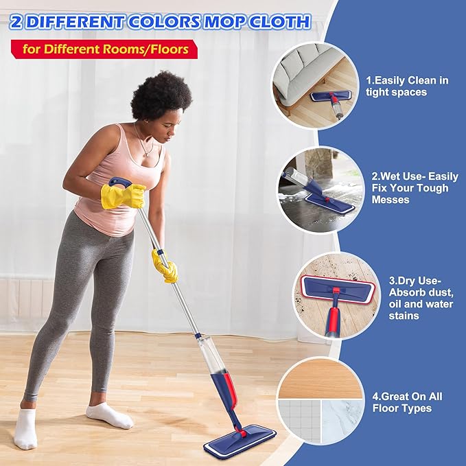 Spray Mops for Floor Cleaning: MEXERRIS Wet Dust Mops with 4 Washable Mopping Pads 2 Refillable Bottles - Flat Floor Mop with Sprayer Home Commercial Mop for Hardwood Wood Laminate Ceramic Tiles