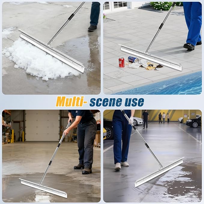 CAROD 33.4" Heavy Duty Floor Squeegee for Concrete, Industrial Silicone Blade Squeegee for Floor with 63" Stainless Handle, Anti-Splash Curved Baffle Design for Warehouse, Factory, Outdoor Use