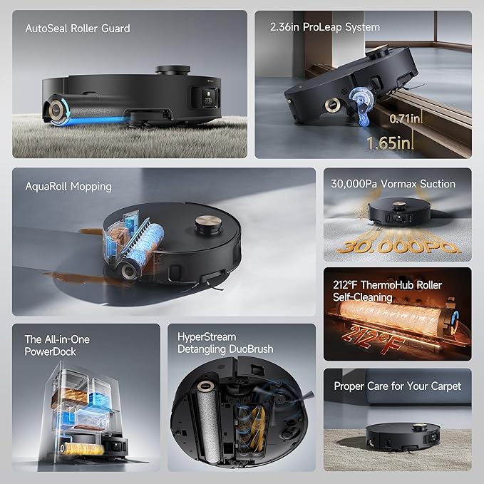 DREAME Aqua10 Roller Robot Vacuum, AquaRoll Mopping, 30,000Pa Suction, 100% Detangling, Carpet-Protecting Roller Guard, Clear 2.36in Obstacle, Self-Empty, Self-Cleaning, Roller Mop Extending