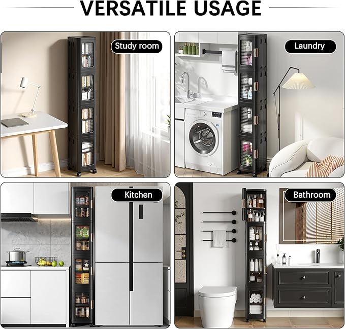 VECELO 4-Tier Tall Narrow Storage Cabinet with Movable Wheels, Adjustable Shelves, Anti-Tip, Slim, for Small Space, Bathroom, Kitchen, Laundry, Black