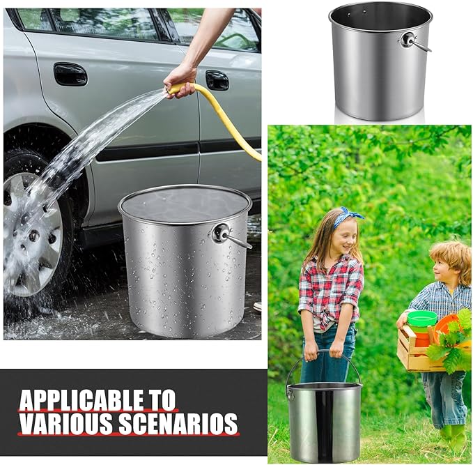 Hsei 2 Pcs Stainless Steel Bucket for Pet Cleaning, 5.3 Gallon Metal Bucket Water Pail with Handle for Fence Kennel Cage Garage Garden Workshop