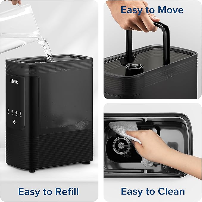 LEVOIT 6L Smart Warm and Cool Mist Humidifiers for Home Bedroom, 60H Runtime and Auto Customized Humidity for Large room, Schedule, Easy Top Fill, Essential Oil Diffuser, Whisper-Quiet, Handle, Black