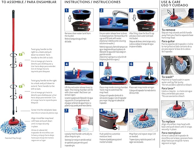 O-Cedar RinseClean Spin Mop & Bucket System + 2 Extra Mop Heads| Clean with Water | Removes 99% of Bacteria Plastic