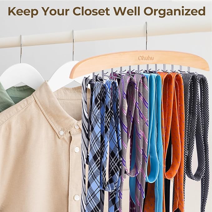 Tie Rack Hanger for Closet: Ohuhu 2 Packs 24 Folding Hooks Tie Hangers for Men Wooden Tie Holder Organizer Space Saving Necktie Storage 360 Degree Rotating Ties Belts Scarves Tank Tops-Burlywood