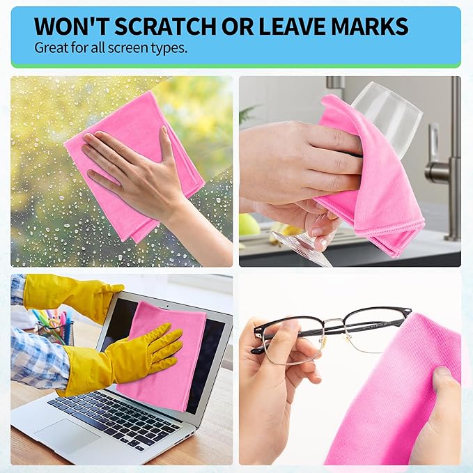 HOMERHYME Microfiber Cleaning Cloth - 10 Pack Glasses Cleaning Cloth, 16" x 14" Window Cleaning Rags, Streak Free Lint Free Polishing Cloths Wipes for Eye Glass, Stainless Steel, Windshield, Pink