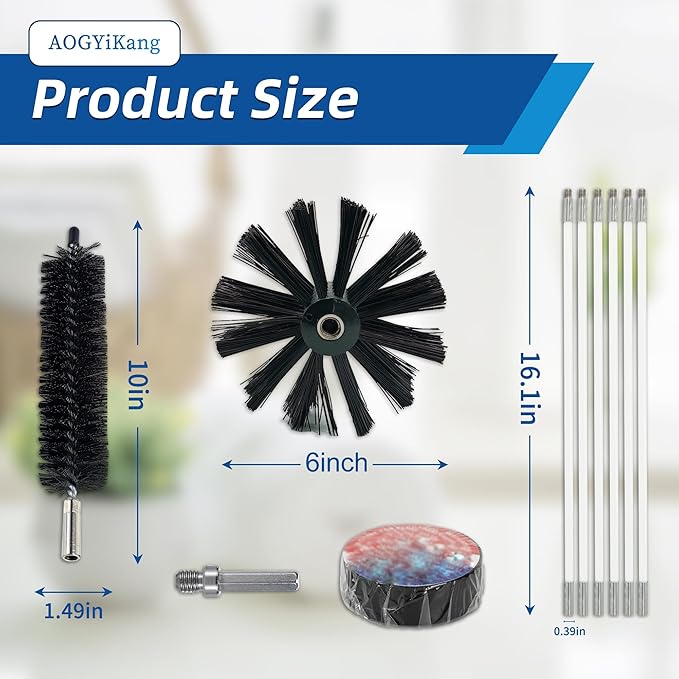 15 Feet Dryer Vent Cleaner Kit, Multi-purpose Lint Remover with 6” Chimney Brush Head, Flexible Nylon Rod Extends to 15ft Duct Cleaning Brush For Dryer, Air Duct, Fireplaces, Washing machine