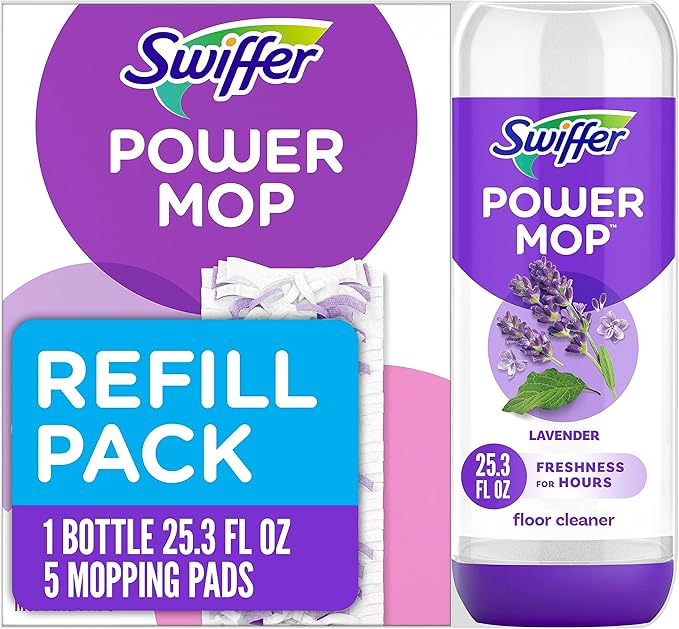 Swiffer Power Mop Refill Pack, Floor Cleaner for Mopping Tile, Vinyl, Laminate, Wood in Home, Bathroom, Kitchen, All Purpose Multi-Surface Cleaning, 5 Pads + 1 Lavender Solution