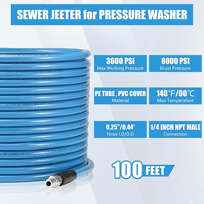RIDGE WASHER Sewer Jetter Kit for Pressure Washer 100FT, 3600 PSI Drain Cleaning Hose with Short Pressure Washer Gun, 1/4 Inch NPT Corner, Rotating and Button Nose Sewer Jetting Nozzle