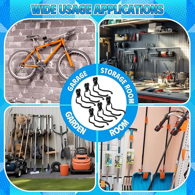 6 Pack Garden Power Tool Hooks Garage Wall Mount Holder Organizer Heavy Duty Utility Hangers for String Trimmer Leaf Blower Lawn Equipment Tool Organizers and Storage Accessories