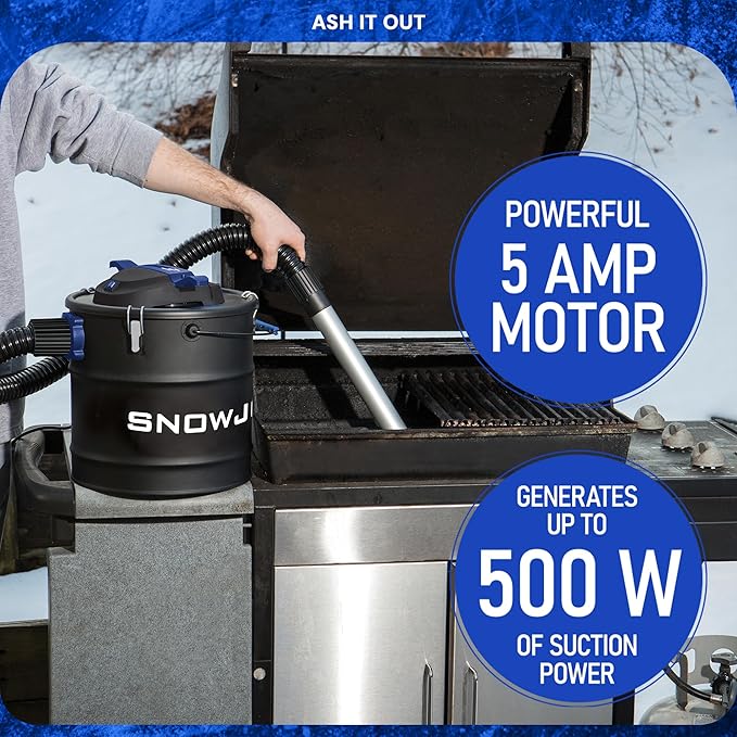 Snow Joe Bagless Ash Vacuum Cleaner Machine, Metal Canister with Hose and Filter, 4.8 Gallon, 5-Amp Motor - Vacuuming and Cleaning Equipment for Home, Garage and Outdoor Spaces, ASHJ202E