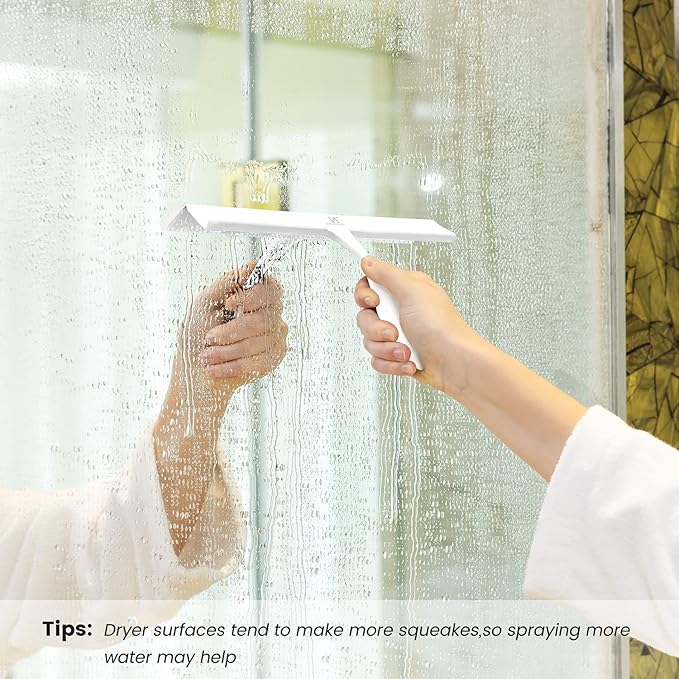 Shower Squeegee for Glass Doors & Microfiber Scrubber Kit 11Inch Window Washing Tools with Non-Slip Handle and Adhesive Hook