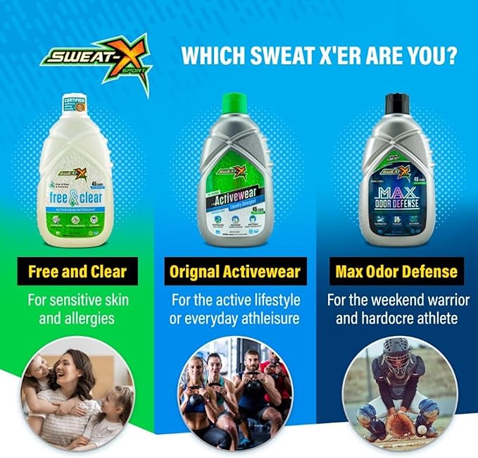 SWEAT X Max Odor Defense Laundry Detergent Liquid - Natural Washing Detergent for Activewear & Gym Clothes - Laundry Detergent for Sensitive Skin - Concentrated Detergent, 45 Loads/Bottle (4 Bottles)