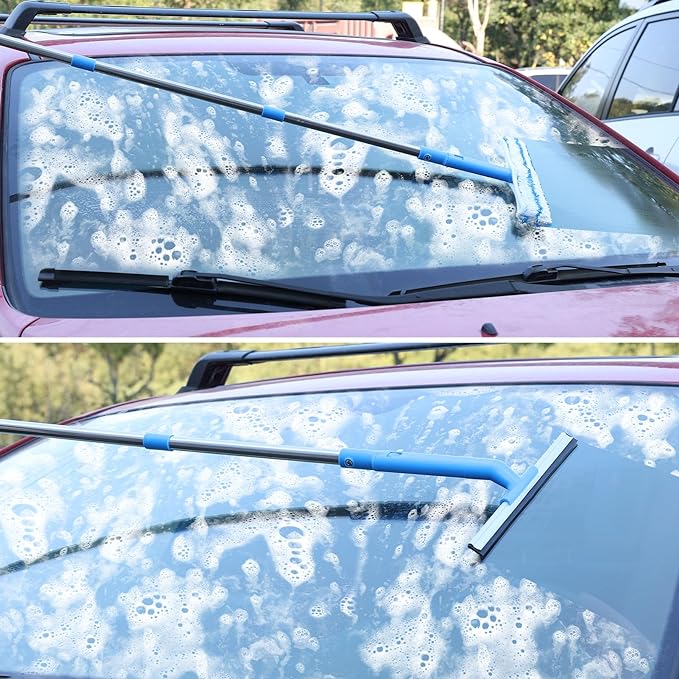 Window Cleaner with Long Handle(57IN), Glass Cleaning Tools with Silicone Squeegee & Microfiber Scrubber, Window Cleaning Kit for Shower Glass Mirror Door Car