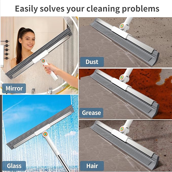 Floor Squeegee for Concrete Floor, Squeegee for Floor with 180° Rotating Head & 63" Long Handle, Garage Floor Squeegee Broom for Epoxy, Pet Hair, Water Removal, Tile Floor, Shower Glass, Driveway