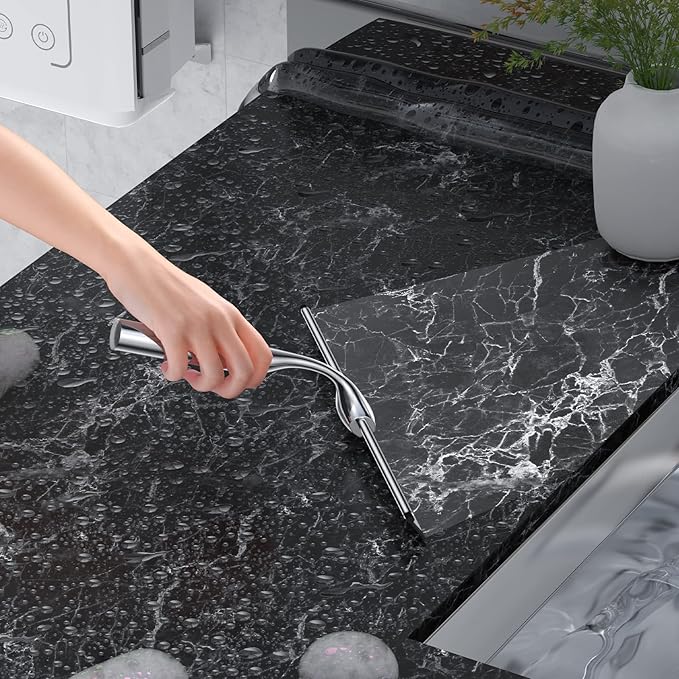 Stainless Steel Squeegee for Shower Glass Doors, 10-Inch All-Purpose Squeegee with Replacement Blade and Matching Hooks Holder, Silver