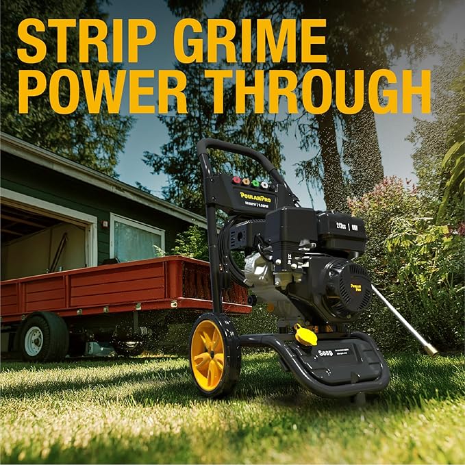 Poulan Pro Gas Pressure Washer, 3100 PSI & 2.5 GPM, 212cc Power High Pressure Washer with 30ft Hose and 10-inch Wheels, 21" Spray Lance, 5 Nozzles for Cars Driveways Patios Fences Daily Cleaning