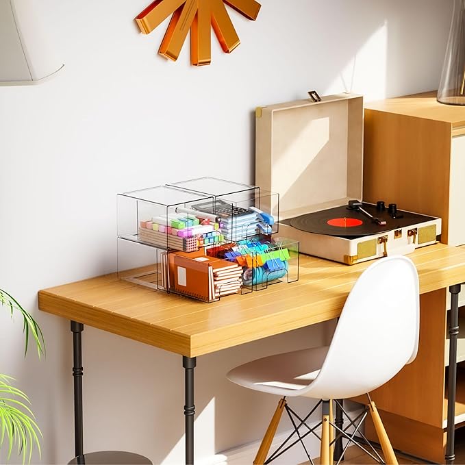 Yieach 6 Pack Small Stackable Storage Drawers,4.4 Inch Tall Stacking Acrylic Clear Storage Bins for Bathroom Vanity,Undersink,Pull Out Drawer Organizers for Beauty,Makeup,Medicine Cabinet Organizers