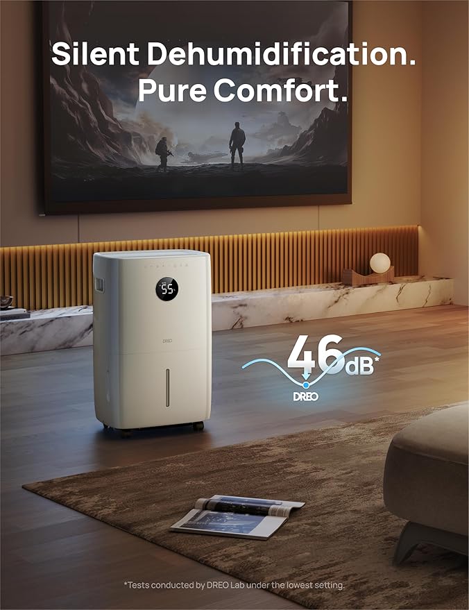 DREO 110-Pint Smart Dehumidifier for Basement, 4500 Ft² for Large Room, 2 Gallon Water Tank, Auto/Comfort/Constant Mode Dehumidifiers for Home, Bedroom, Bathroom, with Drain Hose, White, 711S